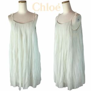 j177 Chloe クロエ シルク プリーツ ワンピース キャミワンピース ペールグリーン ホワイト チュニック silk コットン 14 正規品