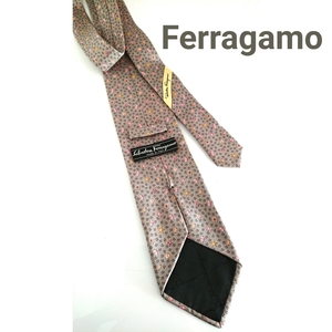 正規 Salvatore Ferragamo フェラガモ シルク ネクタイ 総柄 グレー silk ヴィンテージ イタリア製