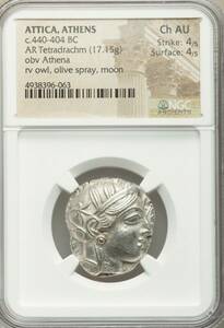 　古代ギリシャ　テトラドラクマ　フクロウ銀貨　NGC 　打刻　AU　４/5 4/5 鑑定品 8396-063