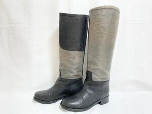 希少 美品 シャネル CHANEL G28390 CCロゴ ココマーク ステッチ レザー ロング ブーツ 黒 グレー バイカラー 35 1/2 22～22.5cm レディース