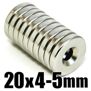 ◆ 穴あき 丸形 マグネット ◆ ネオジム 超強力 磁石 直径20mm x 厚み4mm（ネジ穴 5mm）【10個セット】◆