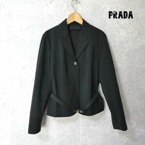 美品 PRADA プラダ サイズ40 シングル 1B テーラードジャケット ストレッチあり ウエストベルト 黒 ブラック