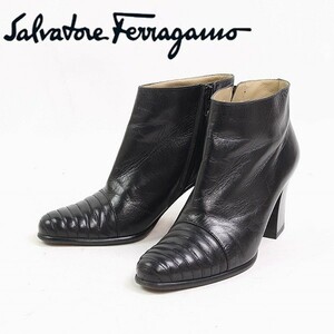 ◆Salvatore Ferragamo/サルヴァトーレ フェラガモ レザー チャンキーヒール サイドジップ ショート ブーツ ブーティ 黒 ブラック 6D