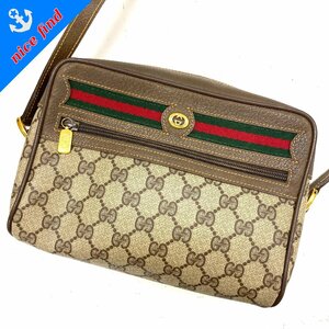 ◆オールドグッチ GUCCI◆シェリーライン 56.02.087 ショルダーバッグ ブラウン ベージュ GG柄 PVC レザー レディース ヴィンテージ