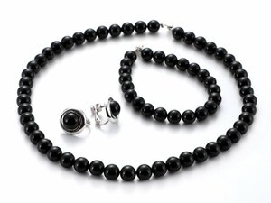 パワーストーン ブラックオニキス ネックレス 飾り付きイヤリング ブレスレッド 3点セット pos-17