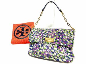 ※※【美品】TORY BURCH トリーバーチ チェーンショルダー ハンドバッグ ミラー付き PVC・スエード調加工 グリーンパープル スタッズ ※※