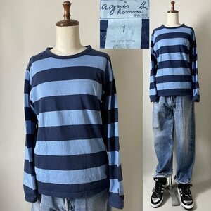 袖丈詰め有 名作 定価15,400円程 日本製 agnes b.homme J019 (J019) アニエスベー オム 太ボーダー ロンT Tシャツ 1 長袖 ネイビー×ブルー