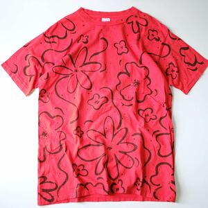 【1980s】ビンテージ　USA製　総柄デザイン　Tシャツ　古着　花柄　オーバーサイズ　XL ヴィンテージ ハンドペイント　花柄　赤