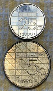 ● 【中古】オランダ王国 Nederlanden 　25セント、5ギルダー　硬貨各1枚、計2枚　コイン、ユーロ発行前、ベアトリクス女王時代