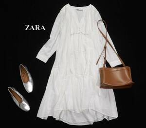 ザラ ZARA 大人可愛い☆ コットン ピンタック レース クルミボタン デザインフレアロングワンピース XS