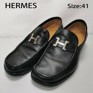 HERMES エルメス コンスタンス ローファー ビジネスシューズ 革靴 H金具 41（26cm程度） ブラック 黒 メンズ 銀金具 ビブラムソール