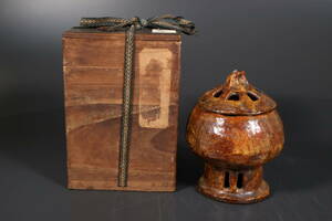 【和】(8593)　時代古作　伝来　本阿弥光悦作　楽焼香炉　宝珠　時代箱有　茶道具