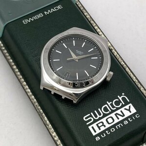 1円～/swatch/スウォッチ/IRONY/21石/3針/デイト/黒文字盤/シルバーカラー/裏スケ/ケース付/自動巻/メンズ腕時計/稼動品/ジャンク/T095