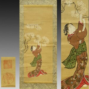 【真作】喜聞◆『蘭雨 桜花図に美人画 (肉筆浮世絵)』　1幅 古筆 古文書 古書 日本画 女性風俗画 江戸絵画 春の江戸風俗画 茶道 江戸中期