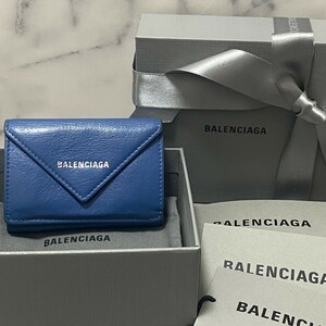 0515　BALENCIAGA バレンシアガ　ペーパーミニウォレット　ブルー　リボン 箱付き 財布 折財布