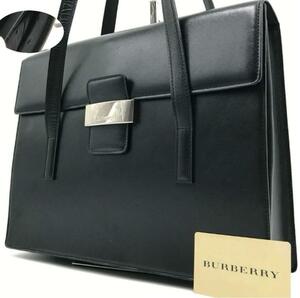 美品/A4収納可能●バーバリー BURBERRY トートバッグ ハンド ショルダー 内側ホースロゴ レザー ブラック 黒 書類鞄 メンズ レディース