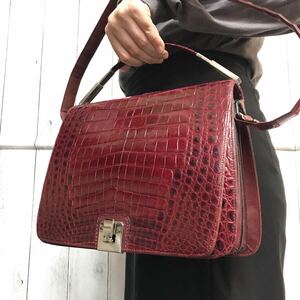 入手困難●グッチ GUCCI ショルダーバッグ ハンドバッグ 2way クロコダイル ワニ革 エキゾチック 赤 レッド フラップ シルバー金具 わに