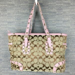 COACH/コーチ　ハンド/トートバッグ　茶/ブラウン×ピンク　シグネチャー　管NO.B26-7