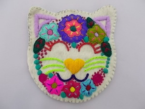 ねこ 猫 ワッペン コースター ハンドメイド 手刺繍 フエルト メキシコ 1