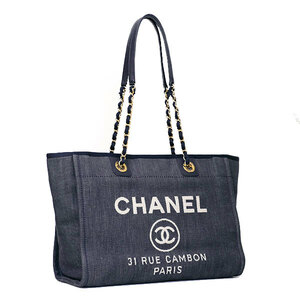 【送料無料】【本物】美品★CHANEL シャネル★ドーヴィルMM★デニム ブルー★チェーントートバック★ゴールド金具★レディース メンズ★