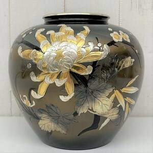 伝統工芸 工芸品 工芸美術 ＊鋳銅 金彩 菊図 梅文 彫文 ＊花瓶 花入 花生 フラワーベース ＊花道具 茶道具 和室 インテリア 銅器 金属工芸