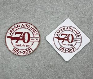 JAPAN AIRLINES 70周年 ・ステッカー・コースター？　2枚セット　日本航空　記念　JAPAN AIRLINES AMABIE シール メッセージ カード？