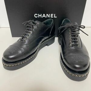 即決★CHANEL シャネル ソールチェーン ロゴ ココマーク レースアップシューズ レディース ブラック 37 1/2 24cm 超美品 レザー