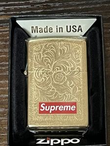 zippo シュプリーム ゴールド 唐草 特殊加工品 希少品 2014年製 ゴールドダスト ボックスロゴ GOLD BOX LOGO ケース 保証書