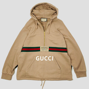 GUCCI グッチ ウェブ＆GUCCI ラベル ハーフジップ パーカー プルオーバー M ベージュ レディース 定価18.7万