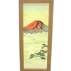 赤富士 赤富士飛鶴 金子泰山 掛け軸 掛軸 絹本 共箱 富士 鶴 松 ■SG