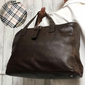 極美品/A4●バーバリー Burberry トートバッグ ハンド 肩掛け メンズ ビジネス 大容量 書類かばん ノバチェック レザー 本革 ブラウン