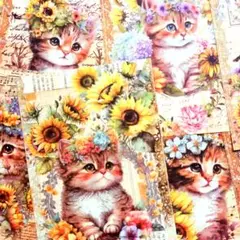 コラージュペーパー　ネコと花D　10種20枚　10ｘ14ｃｍ　猫の紙素材
