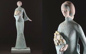 ∇花∇日展作家【日田敦子】作 某展覧会出品作 木芯桐塑創作人形「妖精のおはなし」 高さ67.5cmの大作 共箱・出品票付