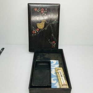 【硯箱】木箱 書道具 済み スズリ書道用品 文房具 硯石 昭和レトロ アンティーク ヴィンテージ 文箱 文房具箱