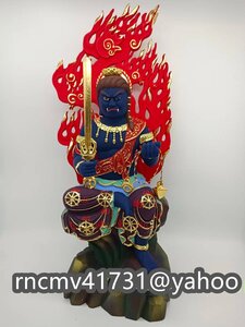 「81SHOP」 仏教美術 木造 大型 不動明王 座像 火焔光背 彩色木彫 仏像 佛像 細密細工 高さ 34 ｃｍ