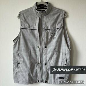 U■DUNLOP ダンロップ メンズ ベスト Lサイズ 薄グレー アウトドア 古着 内側メッシュ 刺繍ロゴ ジップアップファスナー 軽量