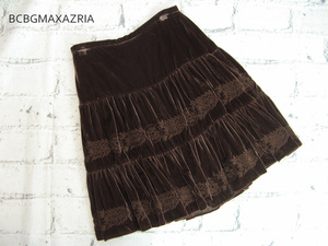 BCBG MAXAZRIA ベロアスカート フェミニンボタニカル刺繍 (2) ブラウン こげ茶 ゆったり ハンガー跡あり