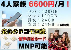 格安SIM ４人家族 合計6600円/月 120GB×２回線＋24GB×2回線 音声SIM 安心のdocomo回線 MNP可能 期間限定 格安シム SIMカード SIMフリー