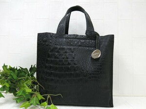 FURLA フルラ◆レザー 本革◆ハンド トート バッグ◆ブラック シルバー金具◆超美品◆クロコ型押し◆腕かけ◆フォーマル◆N7948