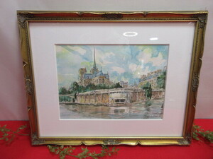 14RR486 川勝茂弘 水彩　絵画　(フランス)Notre-Dame（ノートルダム） タテ43×ヨコ55.5　厚み3ｃｍ