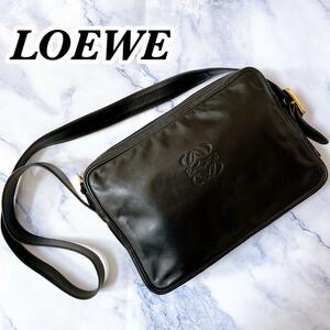 送料無料　希少　ビンテージ　LOEWE　ロエベ　ショルダーバッグ　アナグラム　レザー　ブラック　黒　ゴールド金具