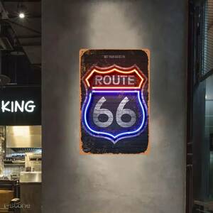 アルミプレートサイン ROUTE66 ネオンサイン 壁掛け看板 アメリカン雑貨 お洒落 インテリア BAR看板 存在感抜群！ 店舗装飾 雰囲気作り