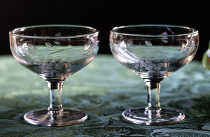 1930年代 アンティーク グレープ エッチング シャーベット カクテル デザートグラス 2個セット 酒 オードブル ぶどう プレスガラス