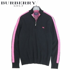 国内正規品◆BURBERRY GOLF バーバリー ゴルフ ストレッチ ライン コットン ハーフジップ 長袖 トップス 黒 ブラック×ピンク L