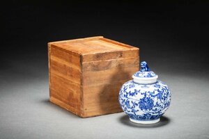 【善古堂】某有名オークション買入 清時代 中国伝来 染付き蓋物 茶入 茶合 共箱 当時物骨董品 古美術0425-114S05