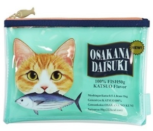 新品★フェリシモ猫部★クリアポーチL KATSUO★グリーン★コスメポーチにも★猫雑貨