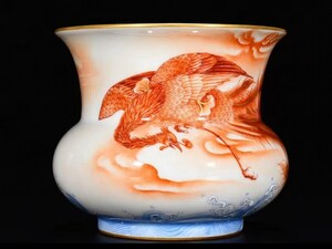 【多寶屋】BA486■古美術品！大清乾隆年製銘 礬紅描金鳳凰紋渣斗 極上珍品■高さ10ｃｍ 幅さ12ｃｍ■