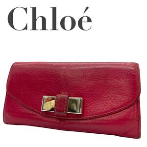 Chloe クロエ　w2 リリイ　長財布　本革　レザー　リボン　モチーフ　赤系