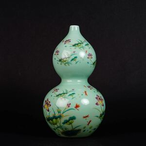 【後】HC002 綠釉色絵花卉文葫蘆瓶 古美術 骨董品 古玩 時代物 古道具 中国美術品 朝鮮美術品 日本美術品