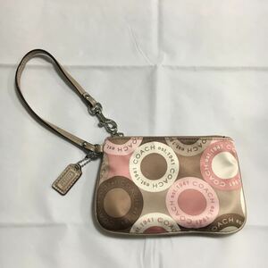 美品 COACH コーチ ポーチ ナイロン ピンク ブラウン ライトベージュ チャーム付き